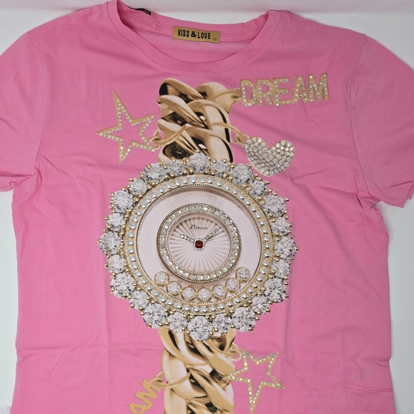 Tops - Pink Graphic T-Shirt With Rhinestones One Size Fits Like medium/large